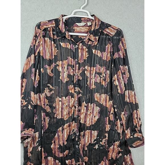 Caffe Marrakesh Black Gold Striped LS Sheer Button Up Shirt Women's Plus 2X - Picture 2 of 12